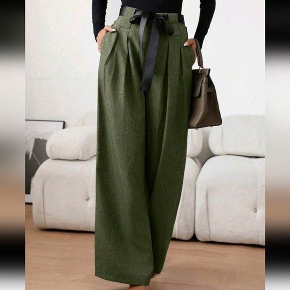 Women's Casual Colorblock Waist Band Pleated Wide-Leg Loose Pants,Autumn - Picture 1 of 5